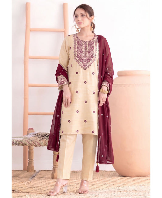 KC Khadi Cotton White Suit With Pink Dupatta 3 Piece Pair For Women