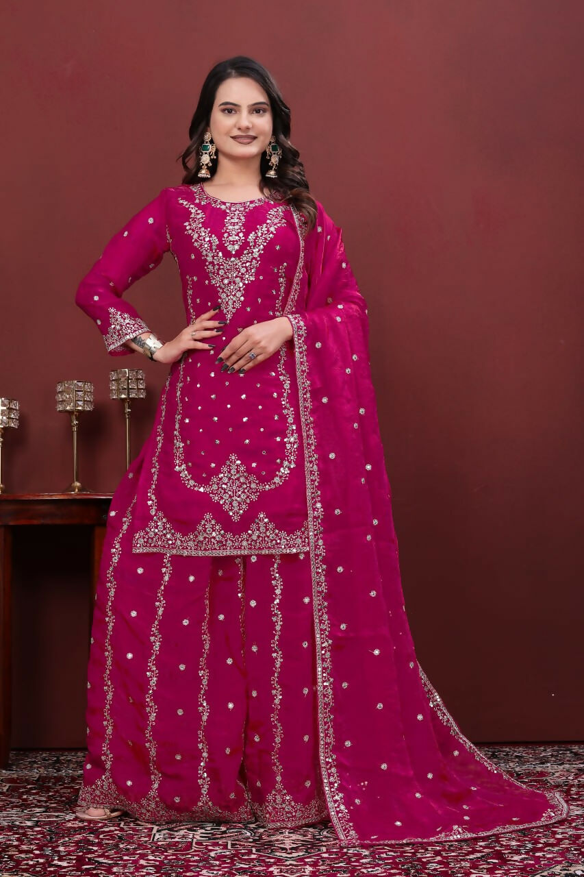 Teeya Creation Women'S Magenta Pink Faux Georgette Zari Work Kurta Sharara Set