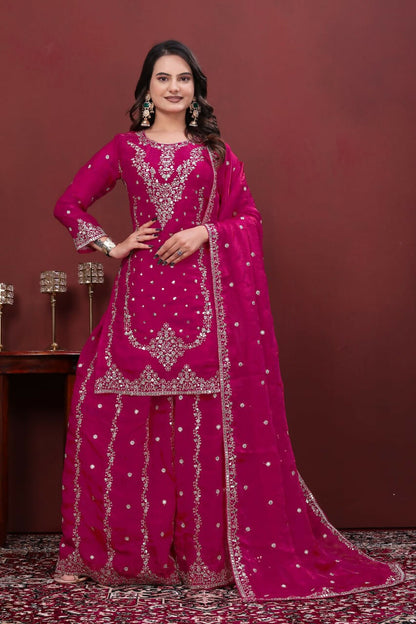 Teeya Creation Women'S Magenta Pink Faux Georgette Zari Work Kurta Sharara Set