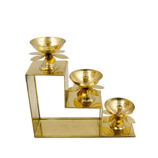 CraftVatika Brass Lotus Diya Oil Puja Lamp Piller Stand 3 Step Diya