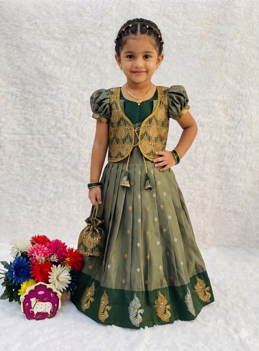 Teeya Creation New Trendy Girls Sage Green Silk Traditional Lehenga Choli Set-Green