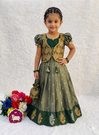 Teeya Creation New Trendy Girls Sage Green Silk Traditional Lehenga Choli Set-Green