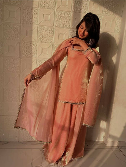 Teeya Creation Womens New Trending Less and Mirror Work Kurta Palazzo Set - Peach