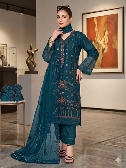 Teeya Creation Womens New Net With Heavy Embroiedery With Sequence Work Teal Kurta Set