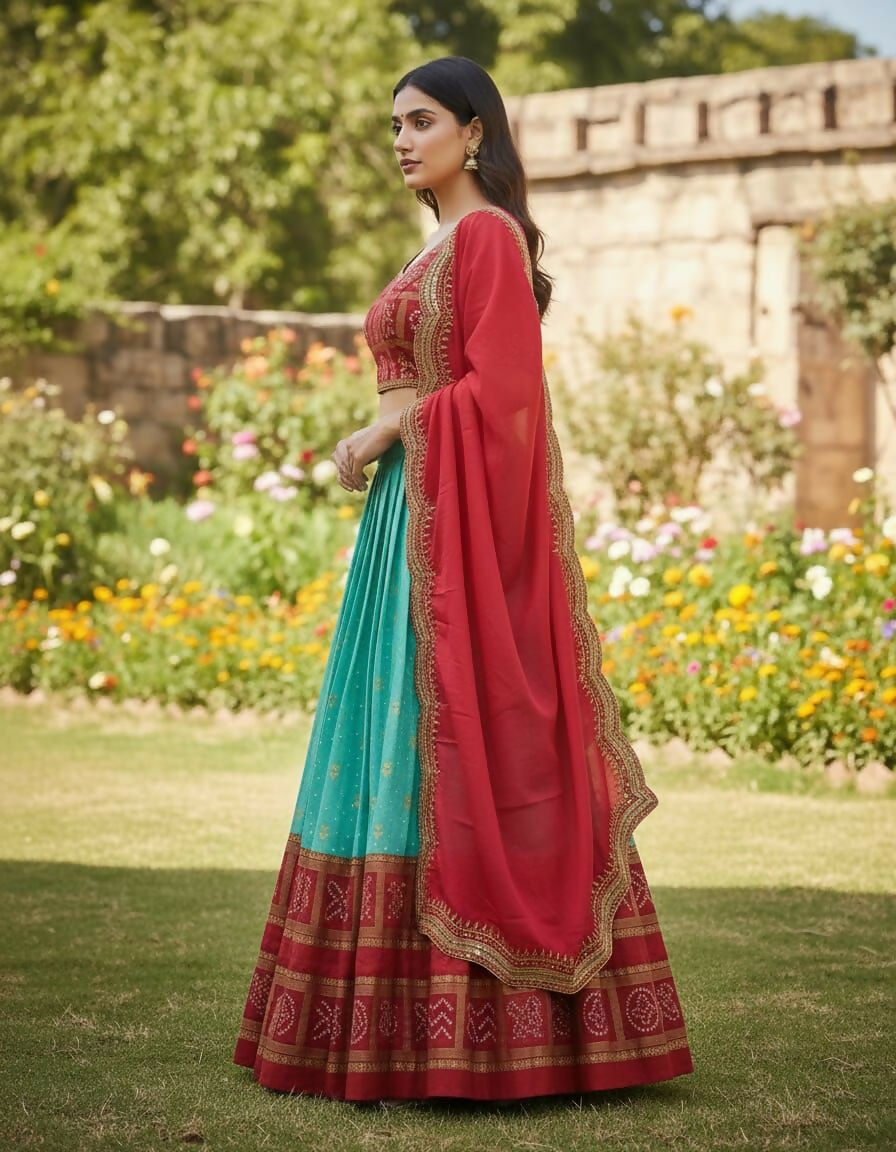 Teeya Creation New Latest Trendy Heavy Foil Print Work Lehenga Choli Set - Aqua-Blue