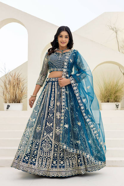 Lehenga Mart Net Lehenga With Cording Embroidery Work-Blue