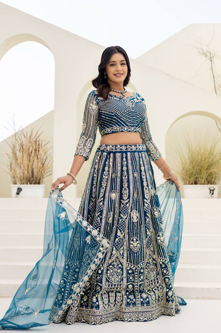 Lehenga Mart Net Lehenga With Cording Embroidery Work-Blue