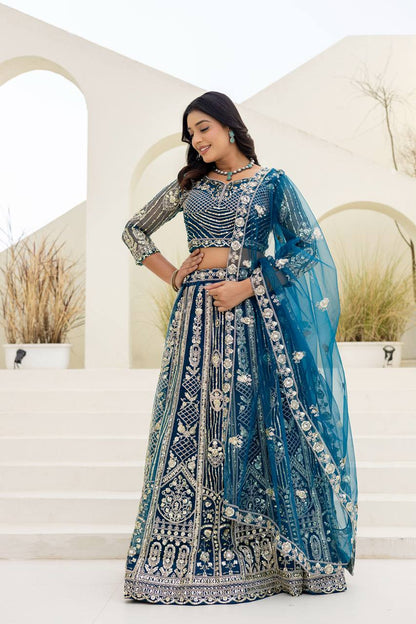 Lehenga Mart Net Lehenga With Cording Embroidery Work-Blue