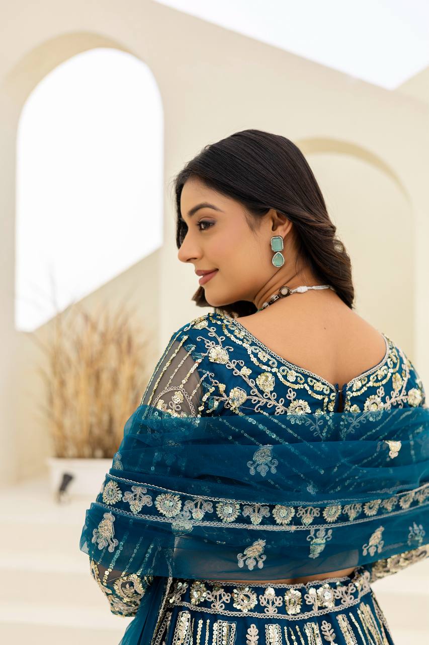 Lehenga Mart Net Lehenga With Cording Embroidery Work-Blue