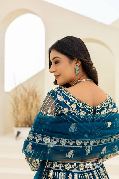Lehenga Mart Net Lehenga With Cording Embroidery Work-Blue