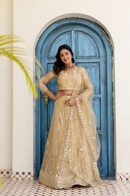 Lehenga Mart Net Lehenga With Cording Embroidery Work-Cream