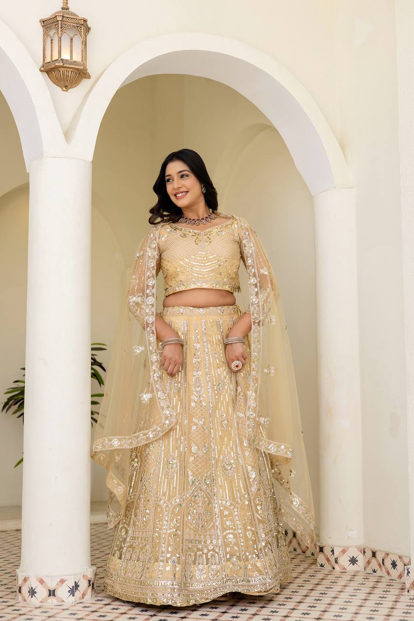 Lehenga Mart Net Lehenga With Cording Embroidery Work-Cream