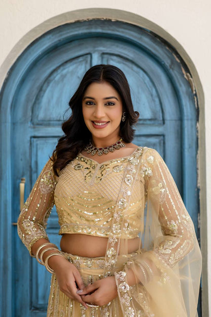 Lehenga Mart Net Lehenga With Cording Embroidery Work-Cream