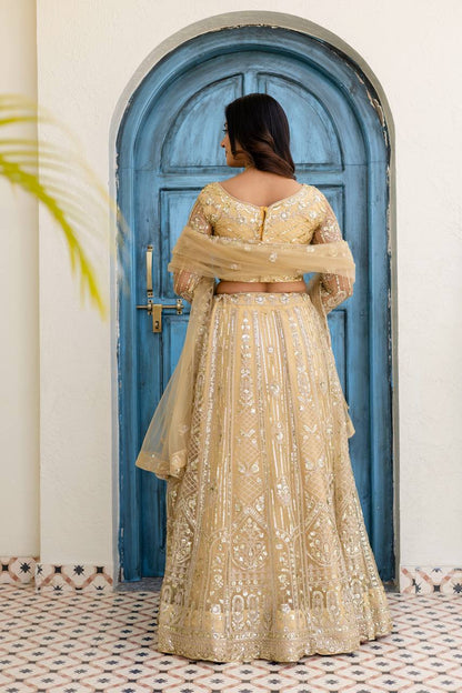 Lehenga Mart Net Lehenga With Cording Embroidery Work-Cream