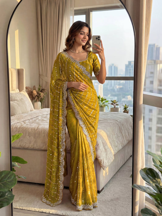 Lehenga Mart Designer Bollywood Style Party Wear Saree-Mustard