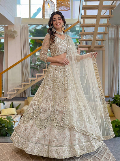 Lehenga Mart Net Lehenga With Cording Embroidery Work-Off White
