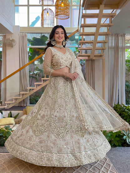 Lehenga Mart Net Lehenga With Cording Embroidery Work-Off White