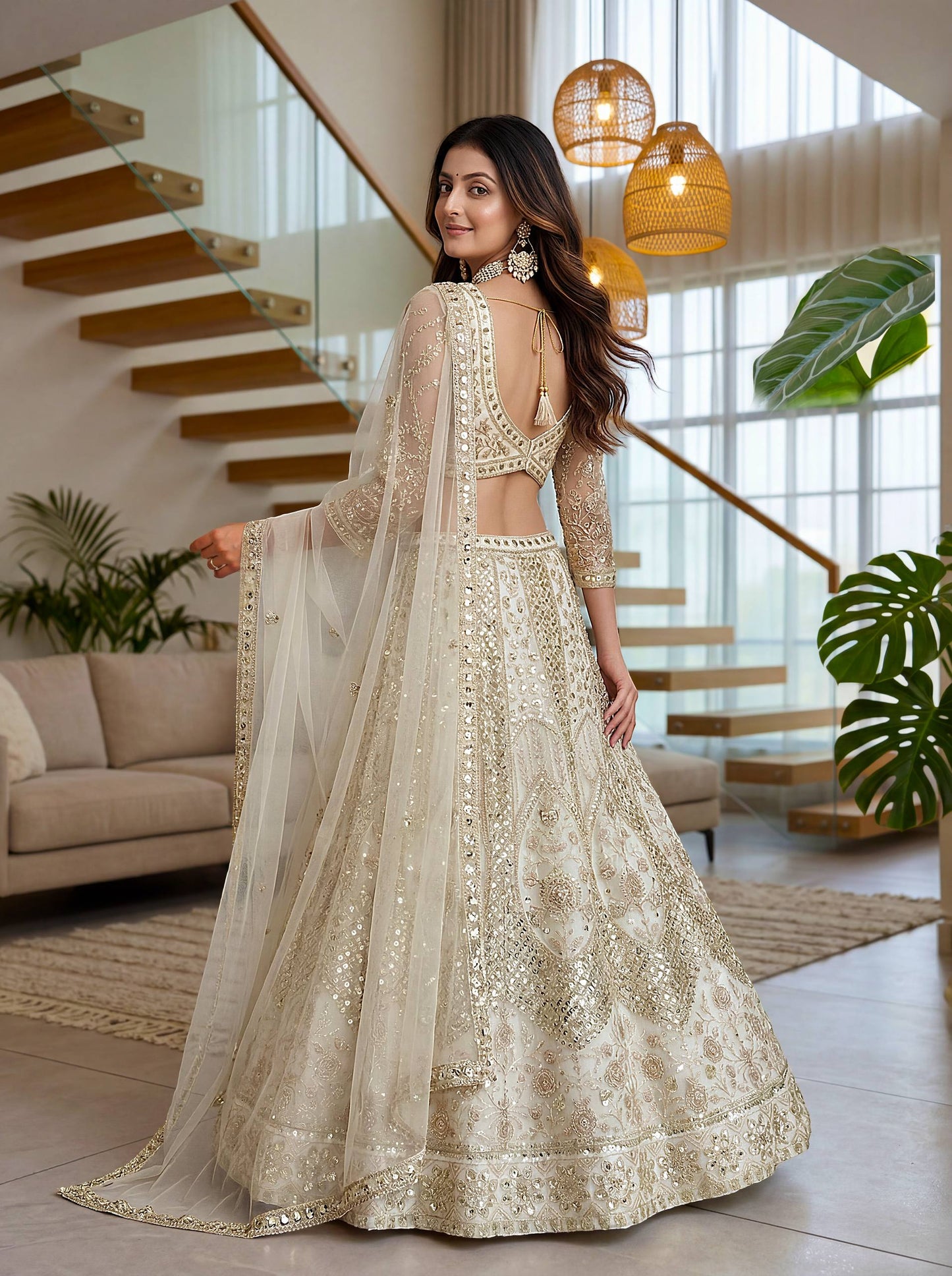 Lehenga Mart Net Lehenga With Cording Embroidery Work-Off White