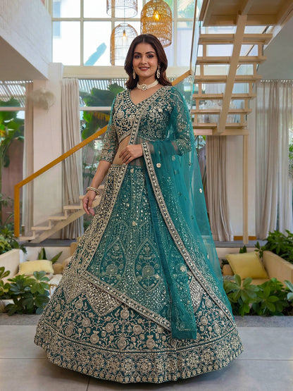 Lehenga Mart Net Lehenga With Cording Embroidery Work-Rama