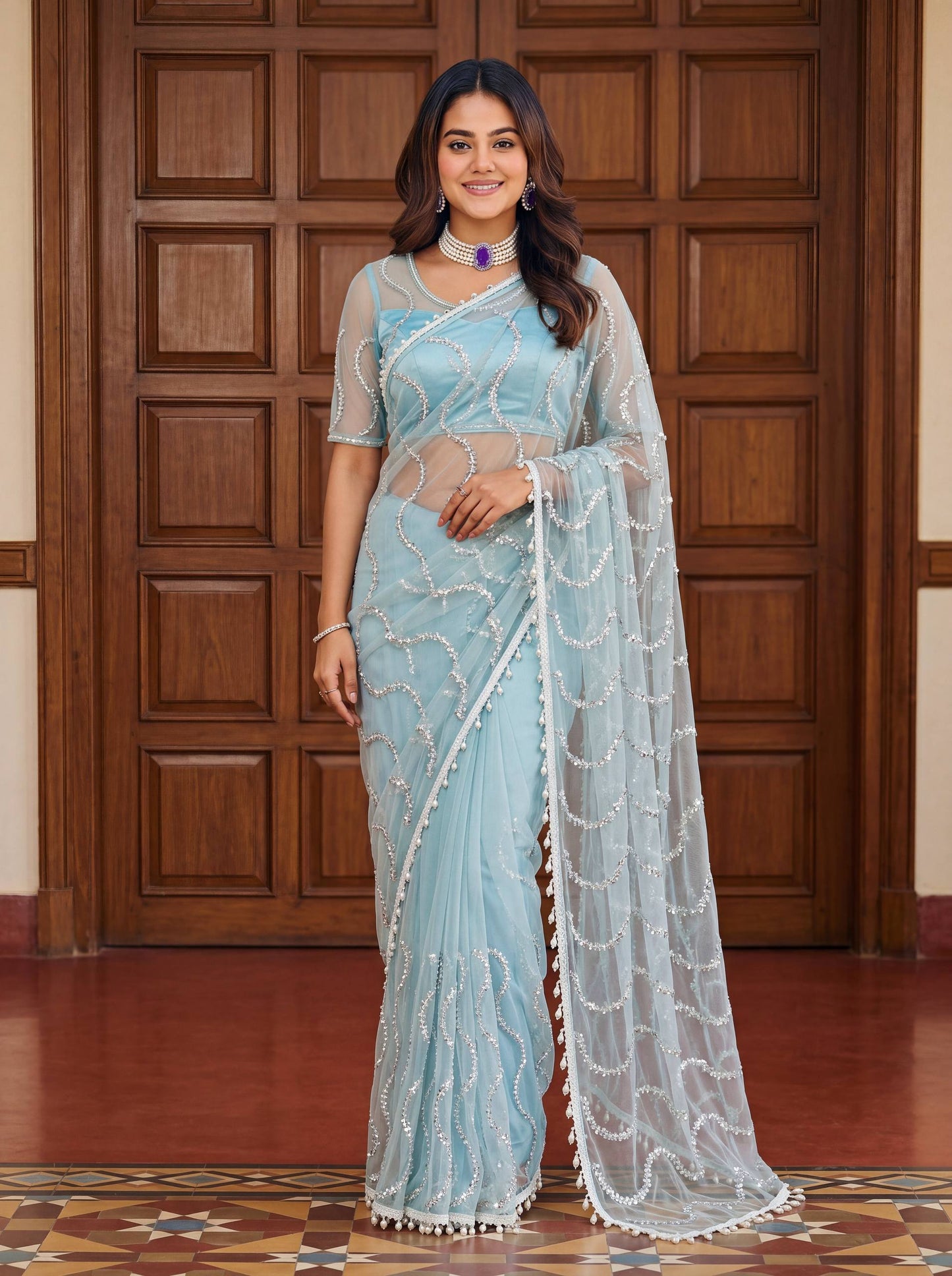 Lehenga Mart Designer Bollywood Style Party Wear Saree-Sky Blue