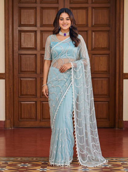 Lehenga Mart Designer Bollywood Style Party Wear Saree-Sky Blue