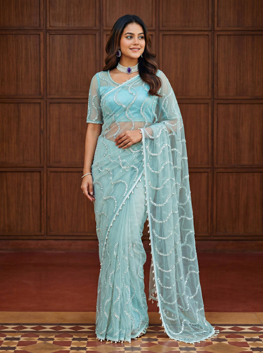 Lehenga Mart Designer Bollywood Style Party Wear Saree-Sky Blue