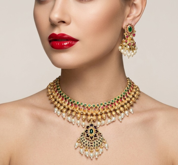 Jewel City Gold Plated South Indian Temple Traditional Indian Jewelry Set Bollywood Style Bridal Wedding Choker Set Festive Wear
