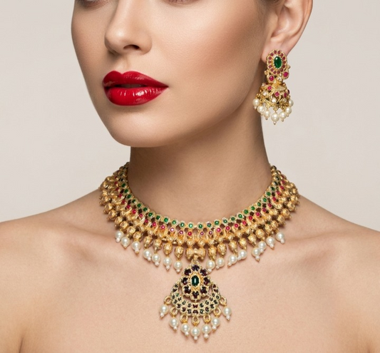 Jewel City Gold Plated South Indian Temple Traditional Indian Jewelry Set Bollywood Style Bridal Wedding Choker Set Festive Wear