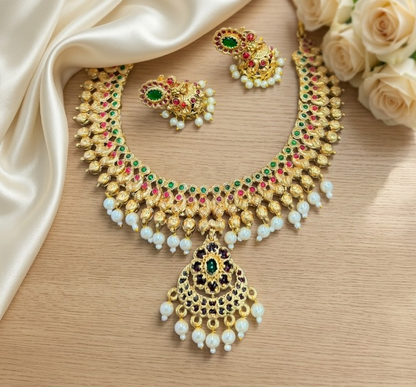 Jewel City Gold Plated South Indian Temple Traditional Indian Jewelry Set Bollywood Style Bridal Wedding Choker Set Festive Wear