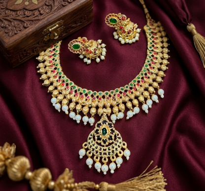 Jewel City Gold Plated South Indian Temple Traditional Indian Jewelry Set Bollywood Style Bridal Wedding Choker Set Festive Wear