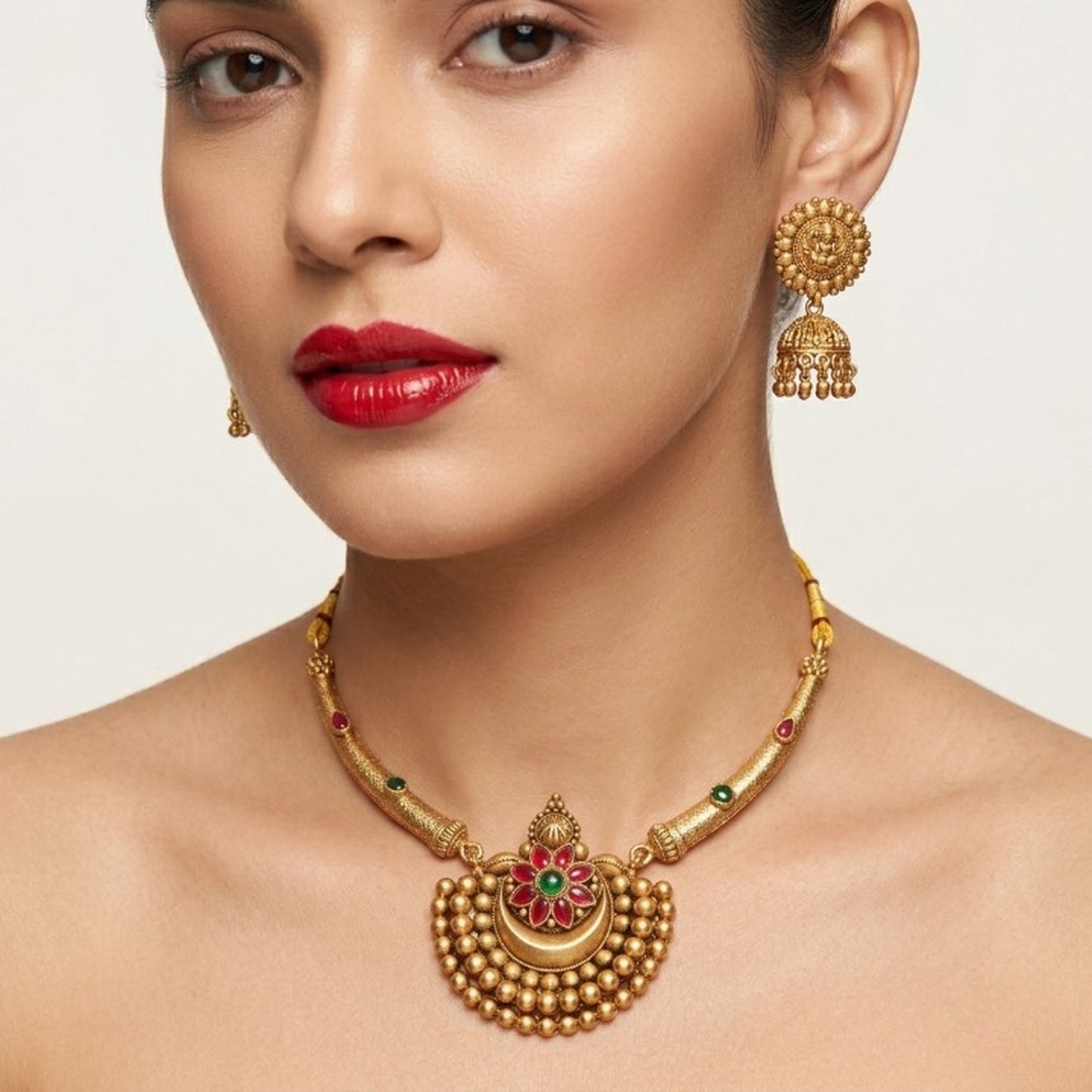 Jewel City Antique Gold Plated Temple Jewelry Set - Traditional Indian Necklace with Jhumka Earrings for Bridal Wedding & Festival