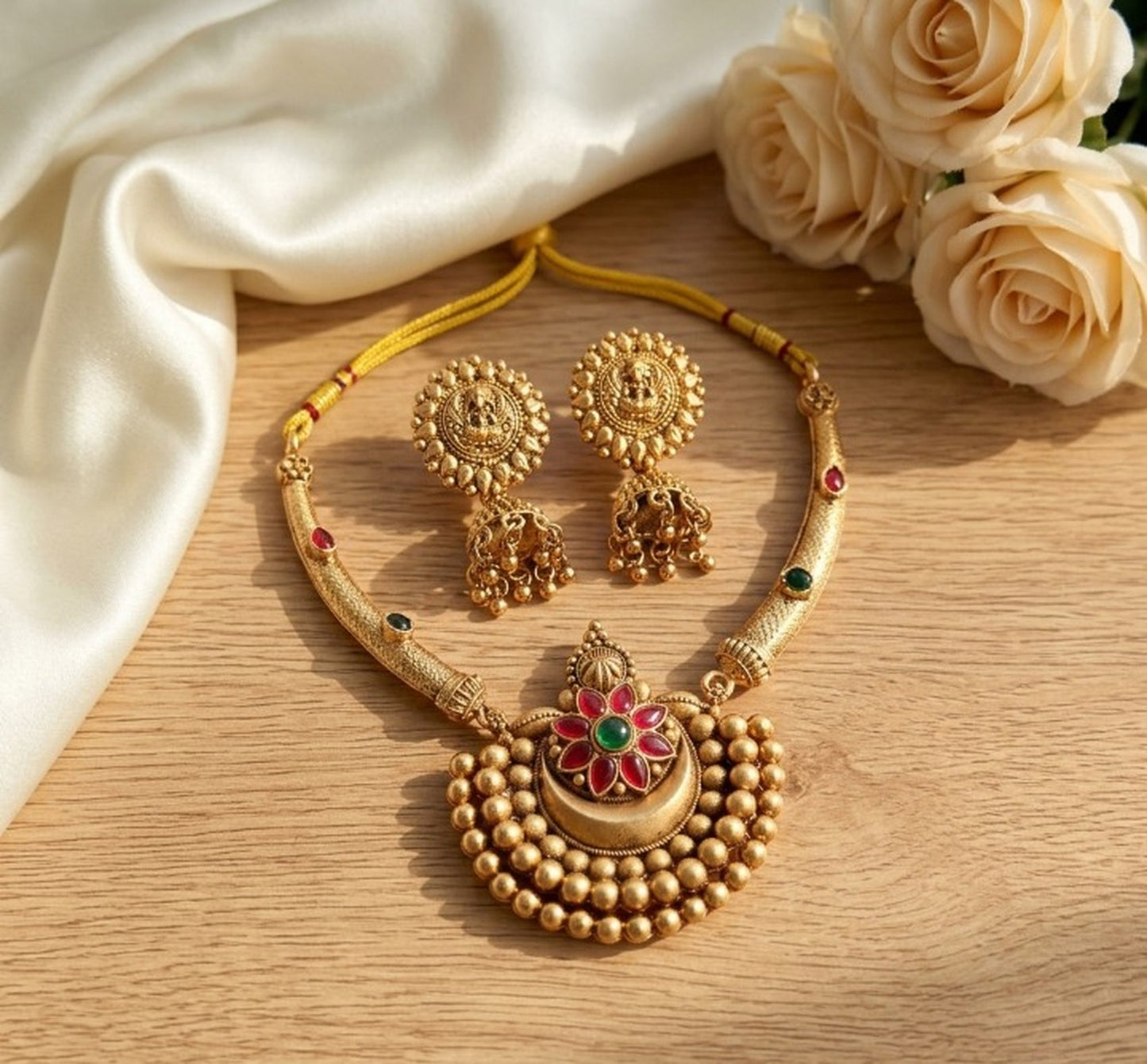 Jewel City Antique Gold Plated Temple Jewelry Set - Traditional Indian Necklace with Jhumka Earrings for Bridal Wedding & Festival