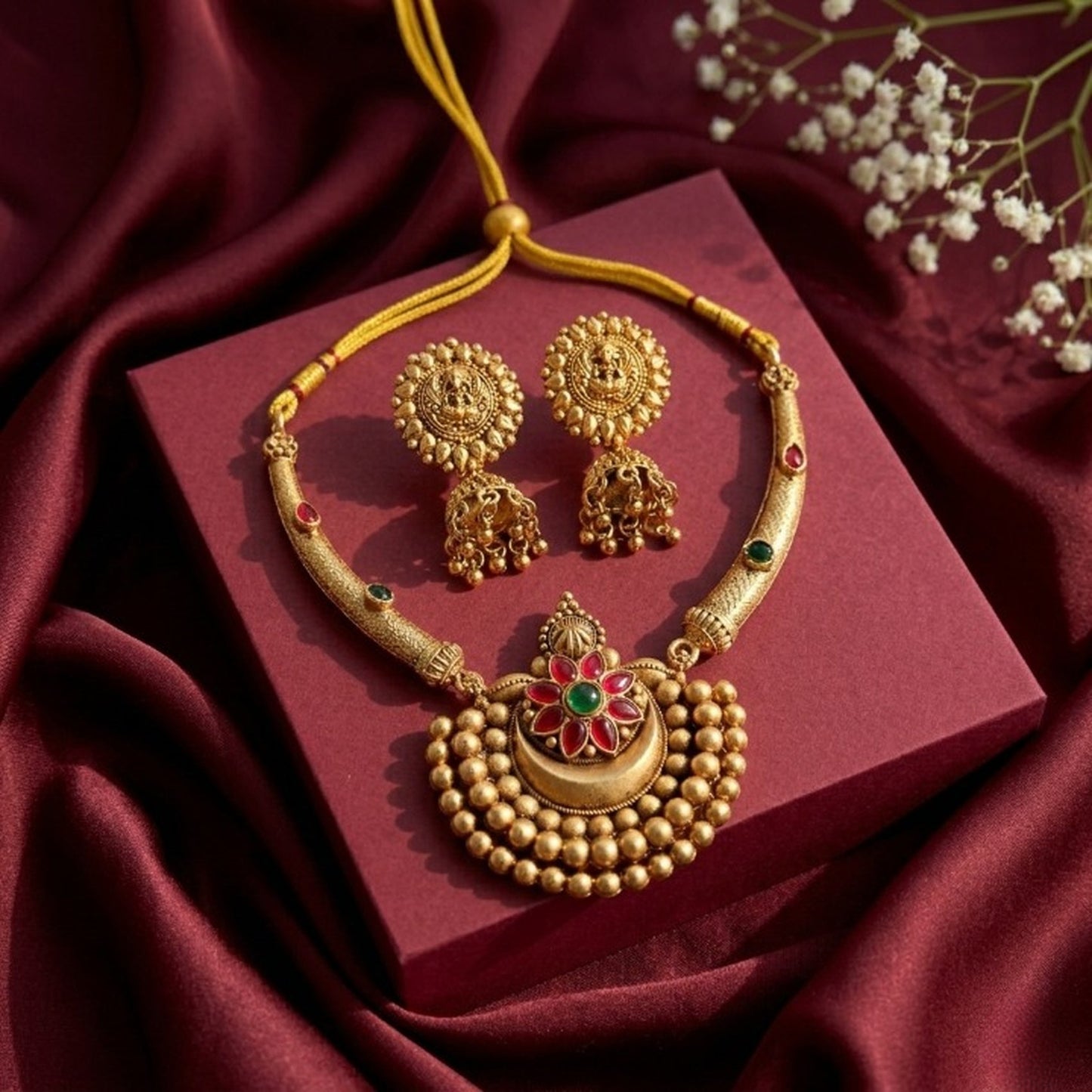 Jewel City Antique Gold Plated Temple Jewelry Set - Traditional Indian Necklace with Jhumka Earrings for Bridal Wedding & Festival