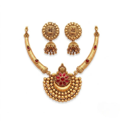 Jewel City Antique Gold Plated Temple Jewelry Set - Traditional Indian Necklace with Jhumka Earrings for Bridal Wedding & Festival