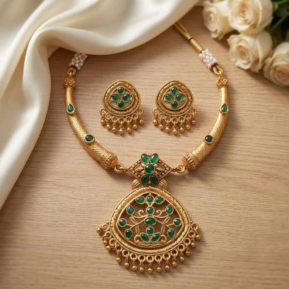 Jewel City Antique Gold Plated Matte Indian Necklace Set with Green Stones | Traditional Bollywood Wedding Jewelry with Earrings