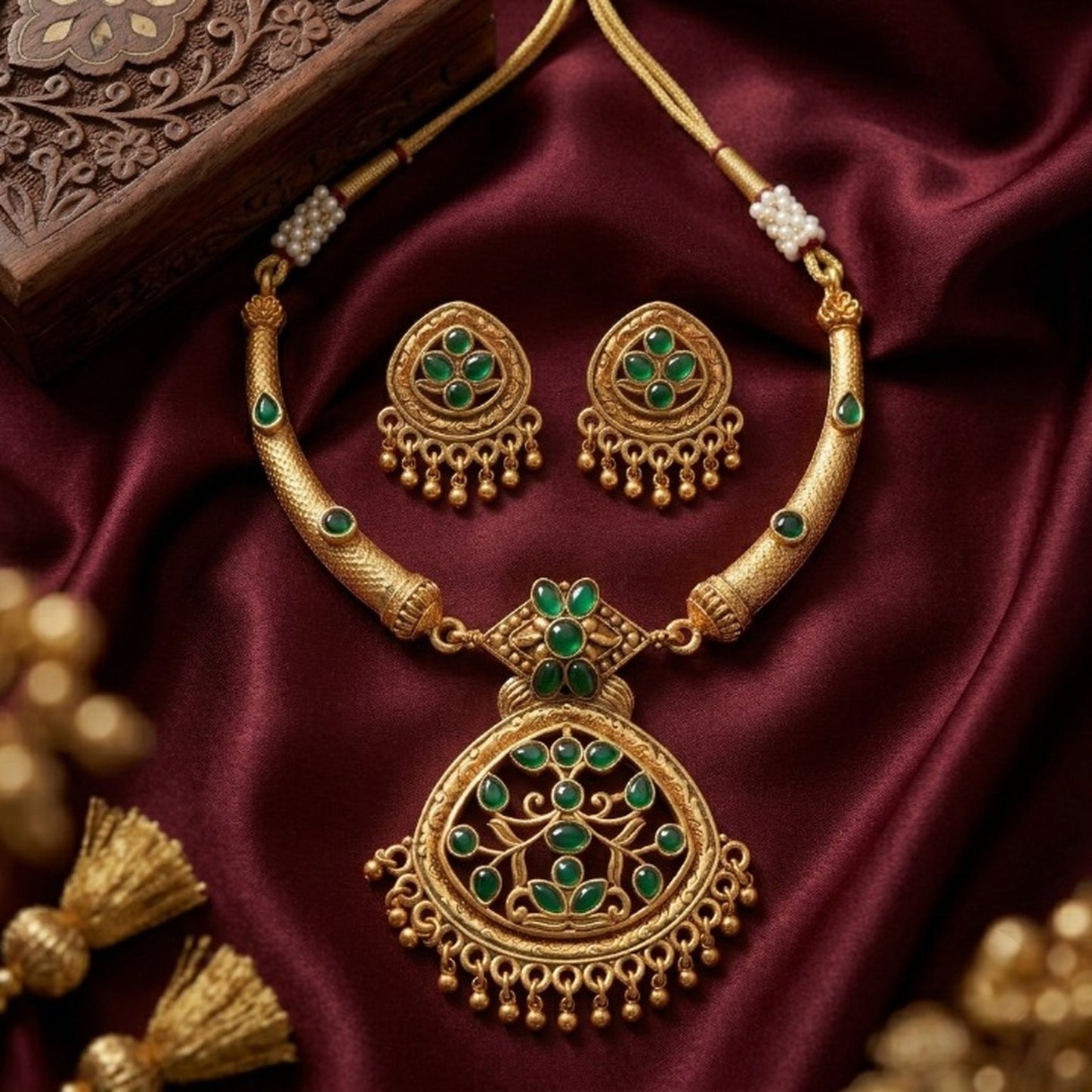 Jewel City Antique Gold Plated Matte Indian Necklace Set with Green Stones | Traditional Bollywood Wedding Jewelry with Earrings