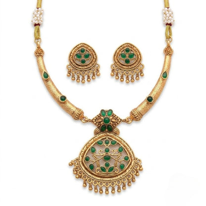 Jewel City Antique Gold Plated Matte Indian Necklace Set with Green Stones | Traditional Bollywood Wedding Jewelry with Earrings
