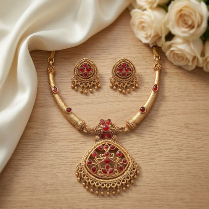 Jewel City Antique Gold Plated Matte Indian Necklace Set with Red Stones | Traditional Bollywood Wedding Jewelry with Earrings