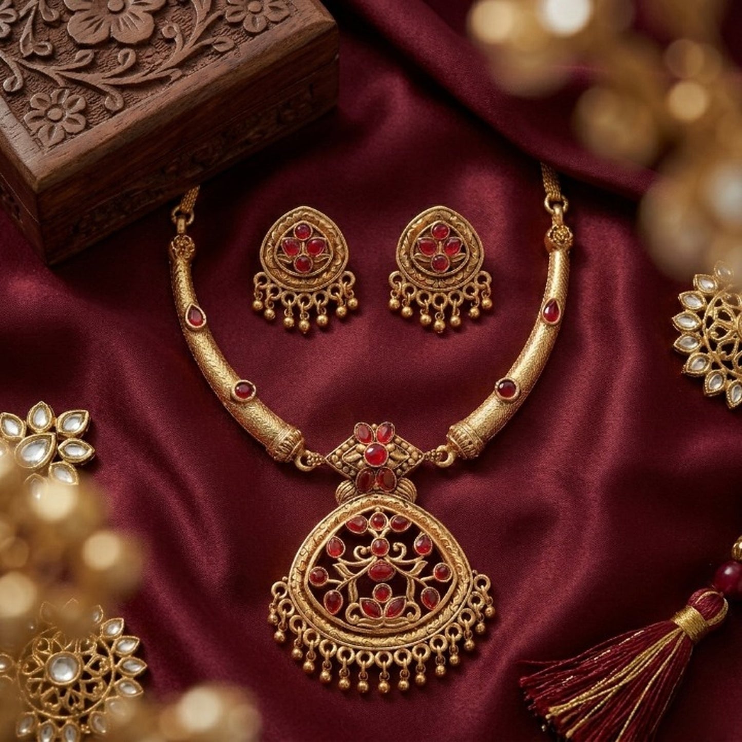 Jewel City Antique Gold Plated Matte Indian Necklace Set with Red Stones | Traditional Bollywood Wedding Jewelry with Earrings