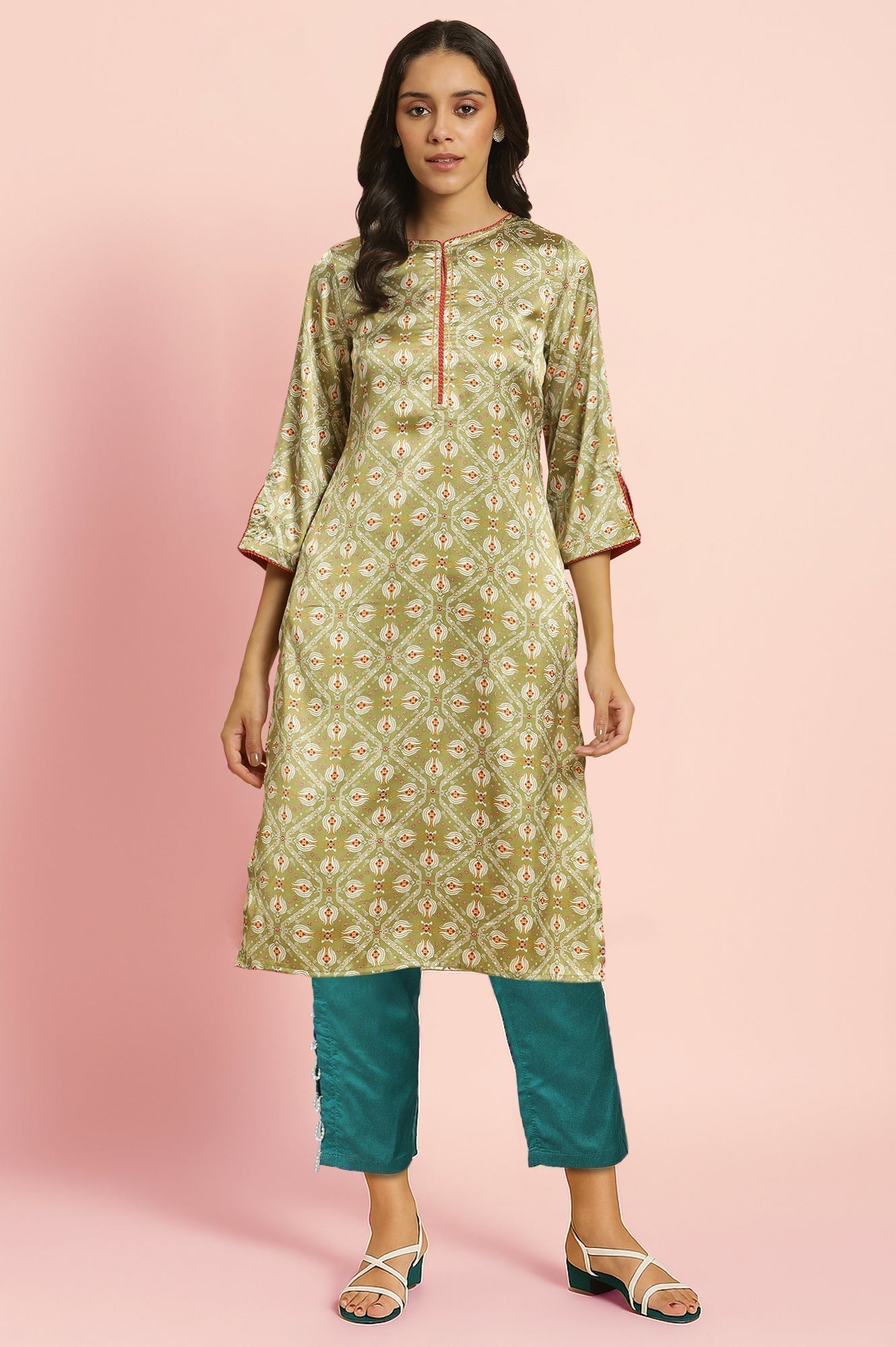 W for Woman Green Geometric Printed Japanese Satin Straight Kurta with Slim Pant Set
