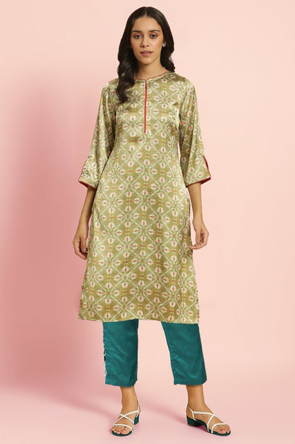 W for Woman Green Geometric Printed Japanese Satin Straight Kurta with Slim Pant Set