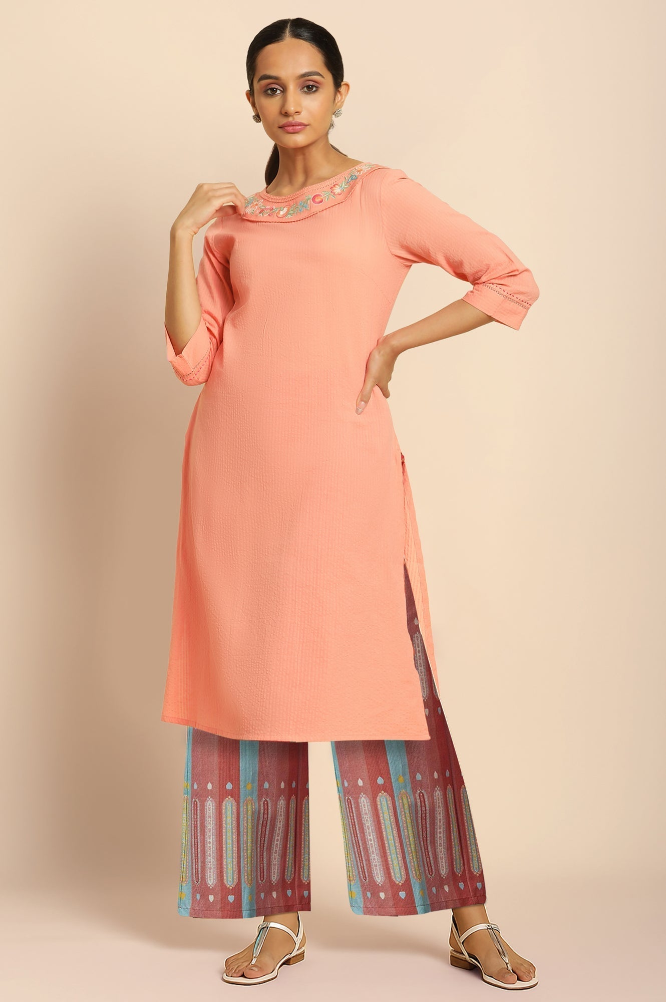 W for Woman Orange Solid Printed Pure Cotton Straight Kurta with Parallel Pant Set