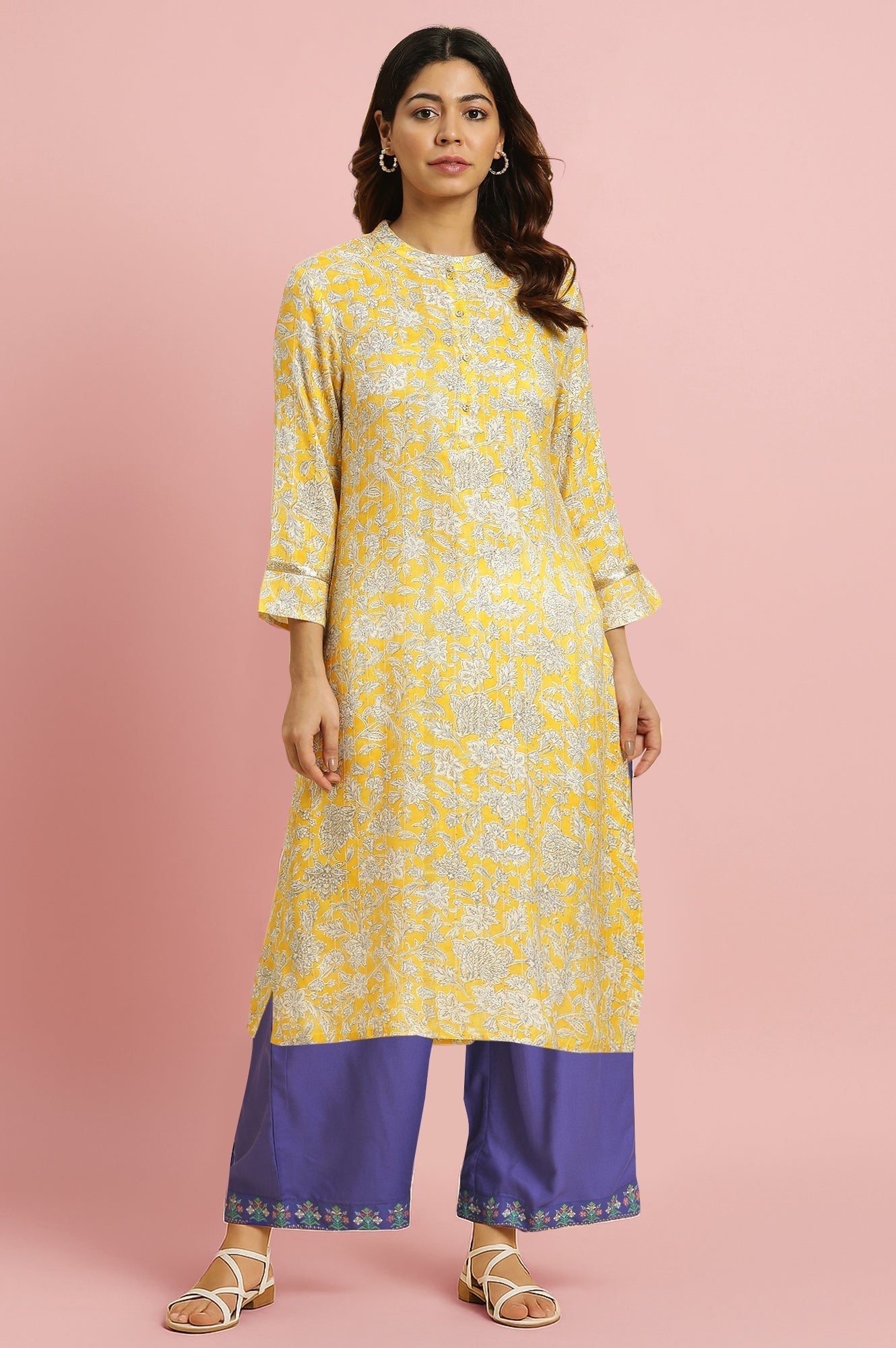 W for Woman Yellow Floral Printed A-line Kurta with Parallel Pant Set