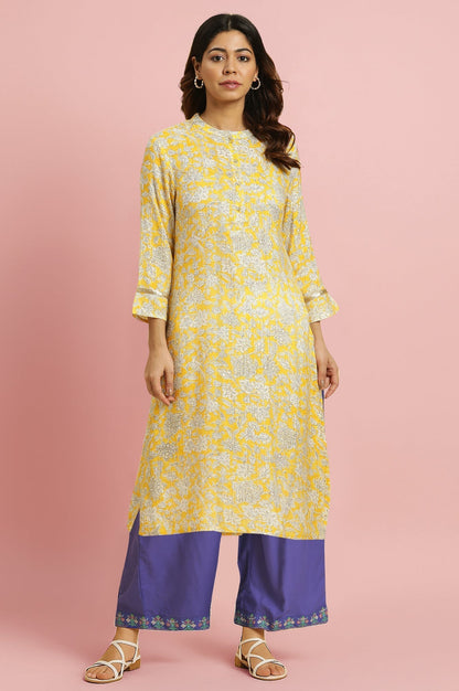 W for Woman Yellow Floral Printed A-line Kurta with Parallel Pant Set