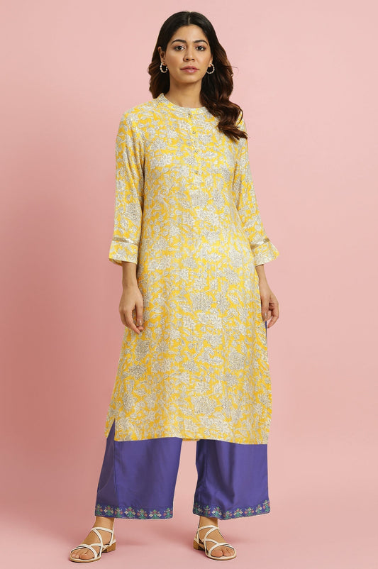 W for Woman Yellow Floral Printed A-line Kurta with Parallel Pant Set