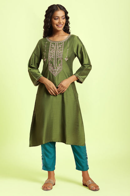 W for Woman Green Solid Printed Straight Kurta with Slim Pant Set