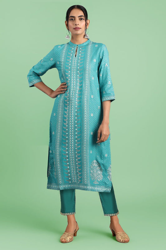W for Woman Blue Floral Printed Straight Kurta with Slim Pant Set