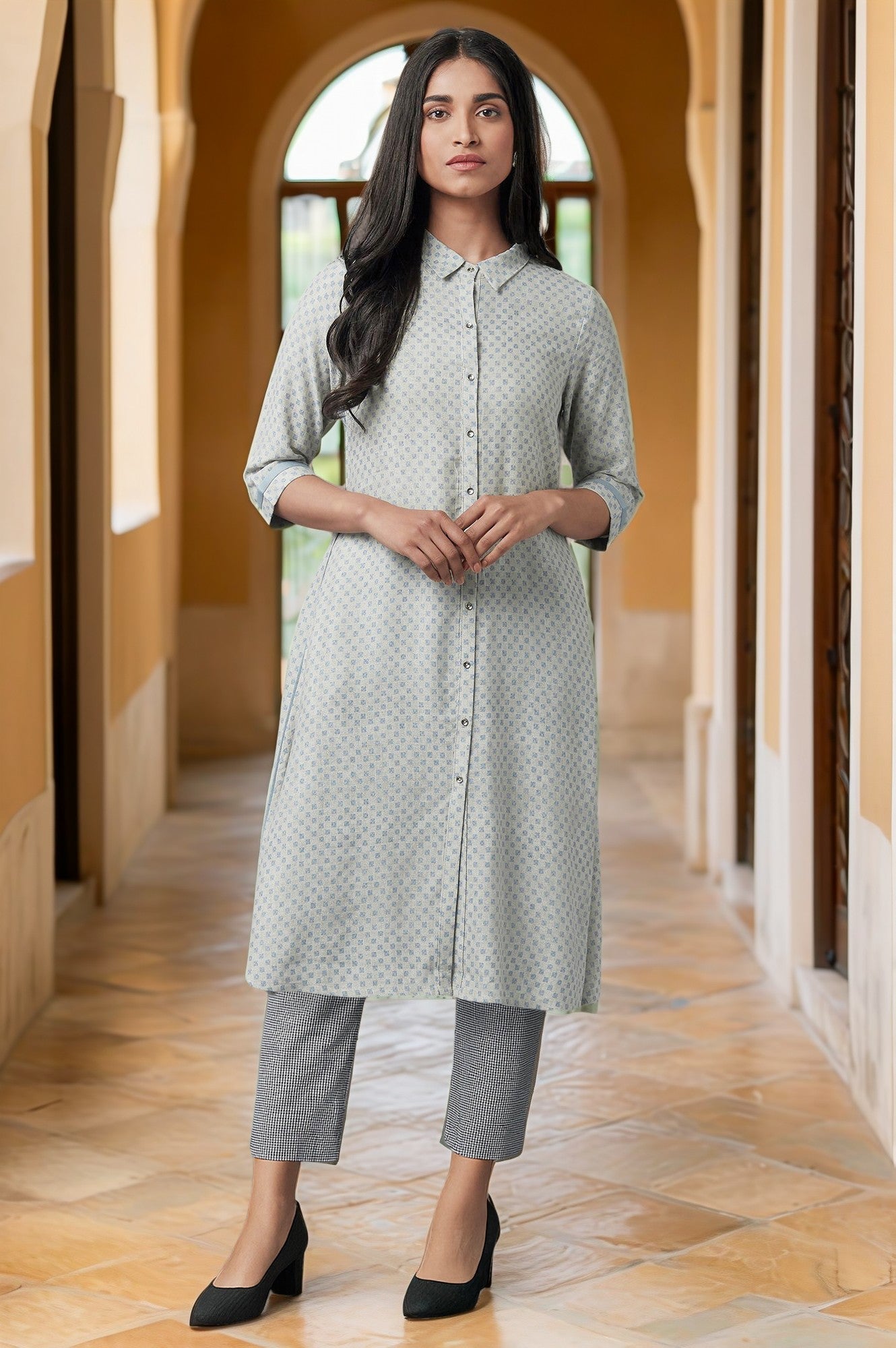 W for Woman Grey Printed Rayon A-line Shirt Kurta and Slim Pant Set