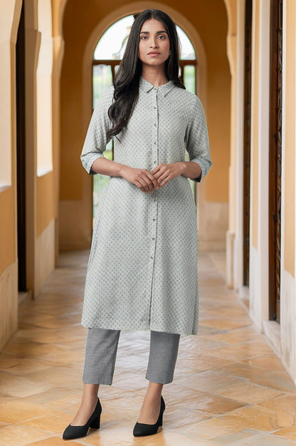 W for Woman Grey Printed Rayon A-line Shirt Kurta and Slim Pant Set