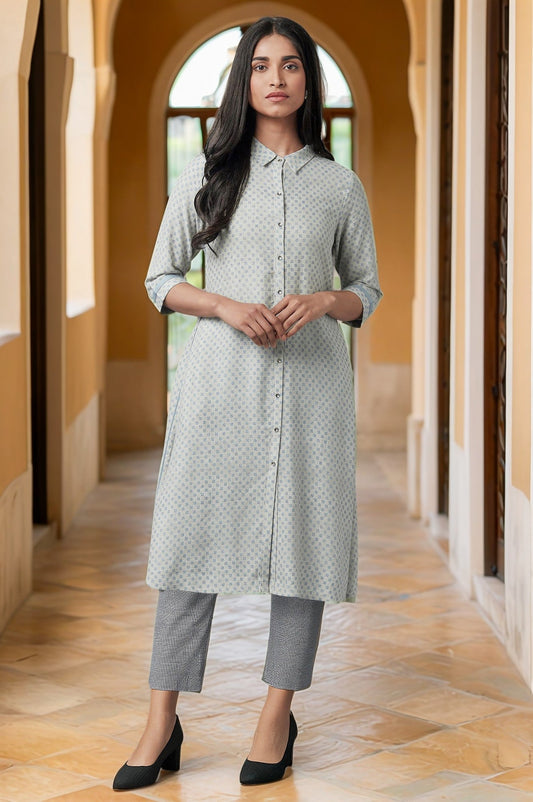 W for Woman Grey Printed Rayon A-line Shirt Kurta and Slim Pant Set